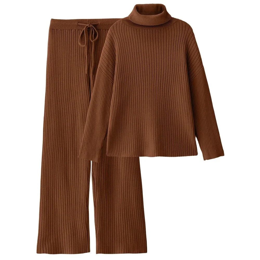 LILLUSORY Women's Brown 2 Two Piece Outfits Winter Clothes Turleneck Sweater S